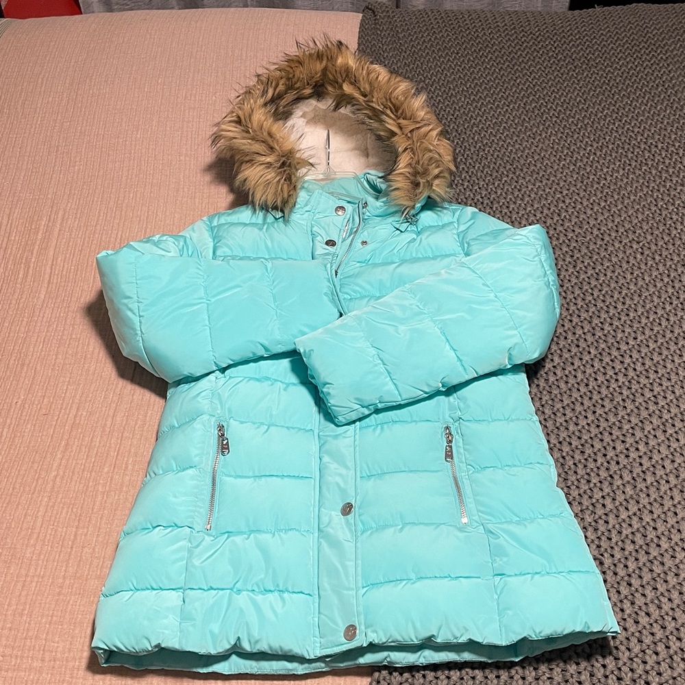 Justice Turquoise Puffer Jacket with Faux Fur Trim